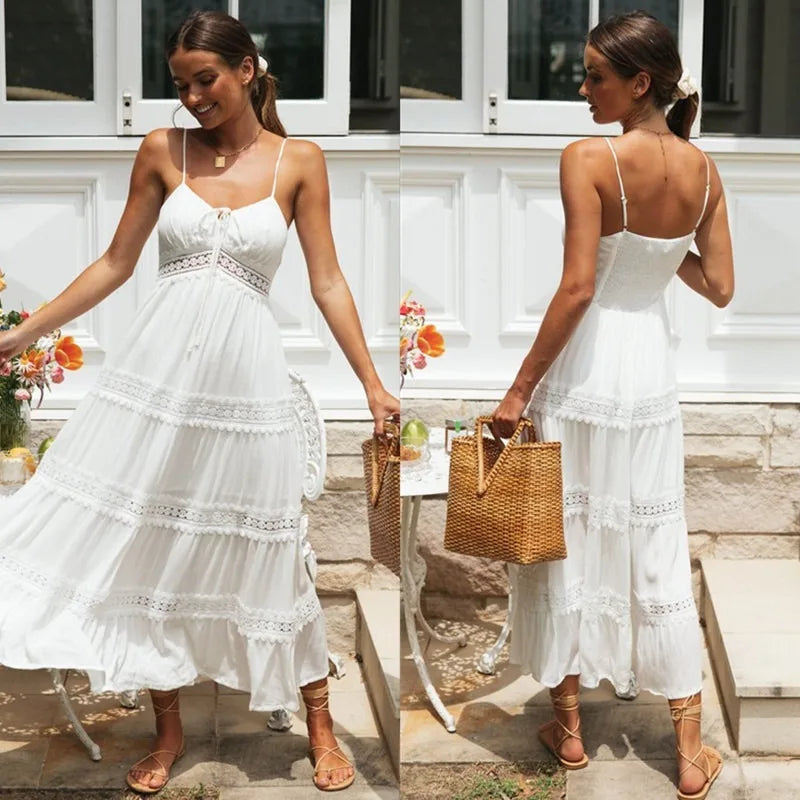 New Summer Woman Dress Sleeveless Solid White Strap Boho Dresses Beachwear Sundress Clothes Bohemian Off-the-shoulder Dress Lace