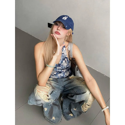 Women Ripped Blue Y2k Jeans Harajuku Streetwear Denim Trousers Aesthetic Jean Pants Vintage Japanese 2000s Style Trashy Clothes