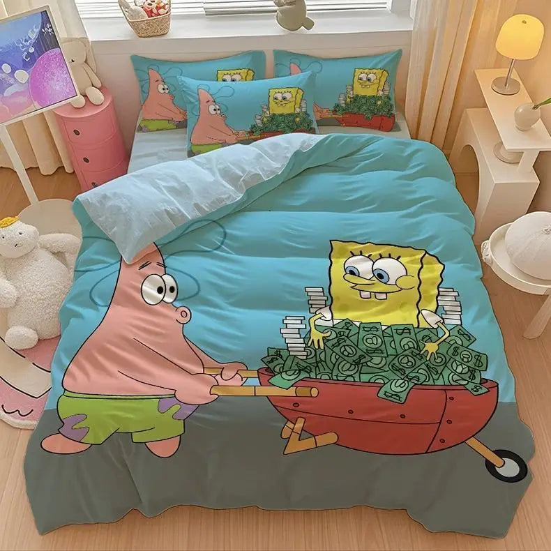 New Anime SpongeBobs Bedding Set Duvet Cover Bed Set Quilt Cover Pillowcase Comforter king Queen Size Boys Adult Bedding Set