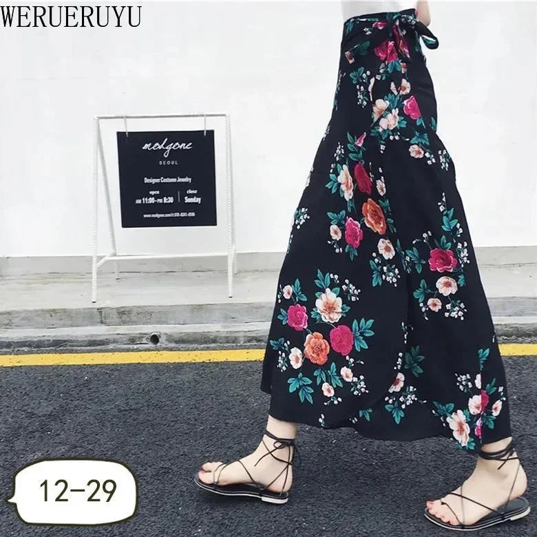 WERUERUYU Wrap Skirts Women Casual Chiffon Tie-Waist Ruffle Wide Leg Loose
