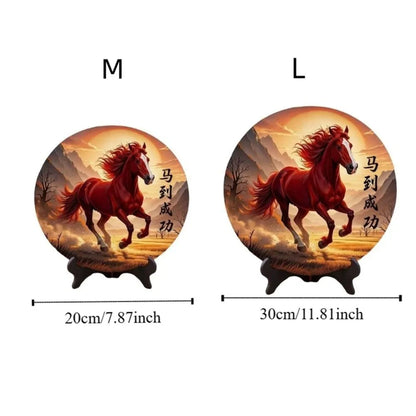 Horse Year Decorative Paintings Ornament Round Good Luck Desktop Ornament Wooden Funny Home Decor Ornament TV Cabinets