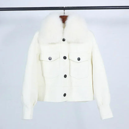 Wool Women Fur Coat New Autumn Winter Real Fox Fur Collar 10% Cashmere 90% Wool Fur Jacket Short Casual Loose Wool Coat