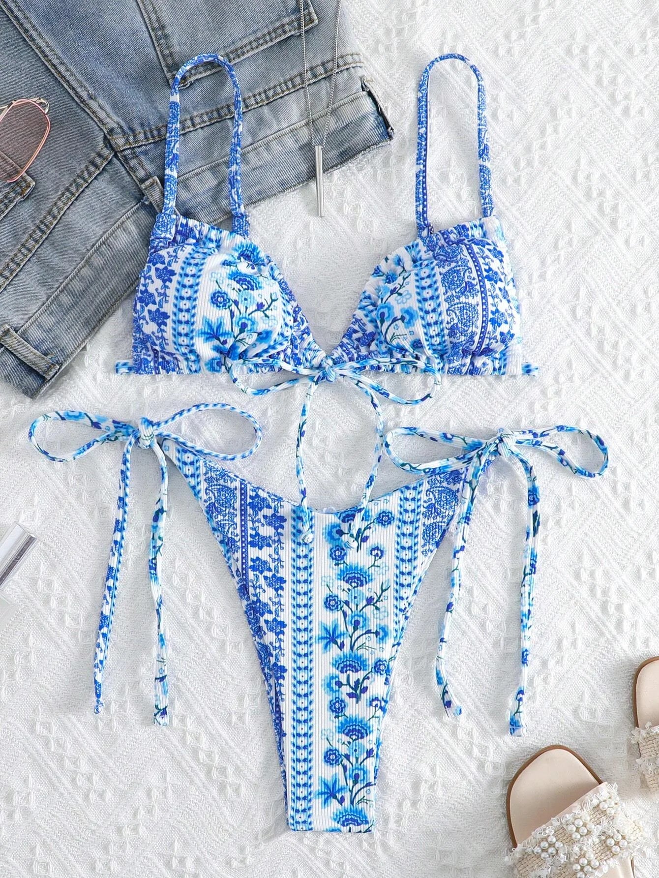 BIQIUYYI New Floral Print String Bandage Bikinis Triangle Cup Push Up Swimsuit Women Bathing Suit Beachwear Halter Swimwear XS