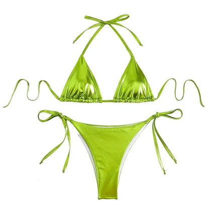 Solid Color Halter Neck Strap Thong Women Swimsuit Two Pieces Bikini Set Bronzing Surface Lace-up Briefs Beach Swimwear Swimsuit