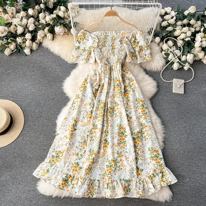 YuooMuoo Vacation Fashion Flower Print Chiffon Summer Dress Sexy Off Shoulders Elastic Waist Big Swing Long Dress Beach Vestidos