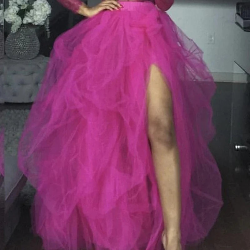 Women's Tulle Maxi Skirt Floor Length Layered High Waist Split Skirt A-Line Puffy Mesh Tutu Skirt for Elegant Lady Wedding Party