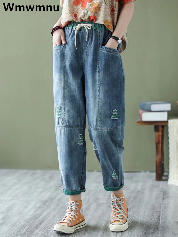 Ripped Hole Harem Jeans Streetwear Women's Korean Baggy Ankle-length Denim Pants Design Casual Vaqueros New Lace Up Kot Pantalon