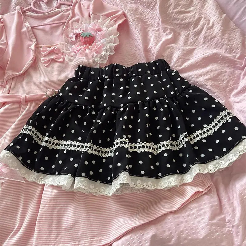 Japanese Vintage Sweet Black Polka Dot Skirt Women Cute Design Lace Kawaii Skirt Subculture Female Chic Spicy Girl Retro Outfits
