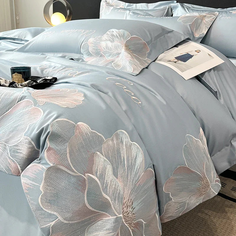 High-end Light Luxury Class A Long-staple Pure Cotton Floral Embroidery Quilt Cover Soft Bare Bed Line Comforter Bedding Sets