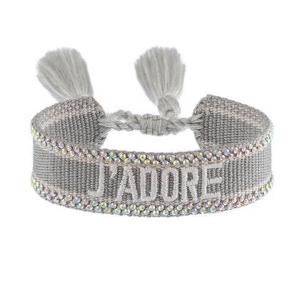 Rhinestone Embroidery Woven Bracelets Adjustable Rope Stackable Bangle For Women