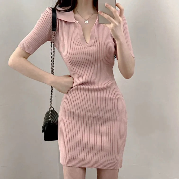 Short Sleeve Dress Women Slim Knitting Female Clothes Summer Streetwear Vacation Casual Soft Sweet Basic Ulzzang Vestidos