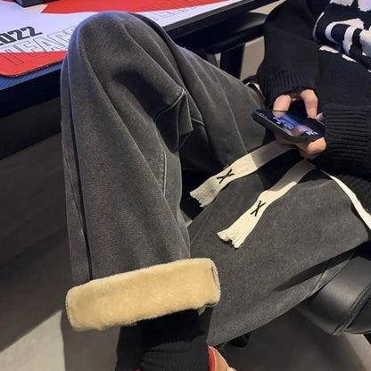 Loose Velvet Thick Jeans Women Warm Straight Causal Autumn Winter Students Preppy High Waist All-match Chic Ulzzang Streetwear