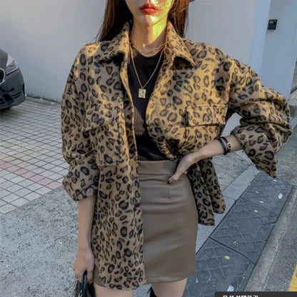 Retro Leopard Print Woolen Coat Women's Autumn Winter Thiened Loose Design Sense Faionable irt  Collar Button up