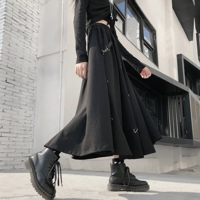 MEXZT Harajuku Cargo Skirts Women High Waist Buckle Irregular Skirts Gothic Punk Freely Adjustable Black A Line Midi Long Skirt