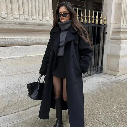 Elegant Solid Women Woolen Long Coats Loose Lapel Double-breasted Full Sleeve Shoulder Pads Overcoat 2026 Spring New Outerwears