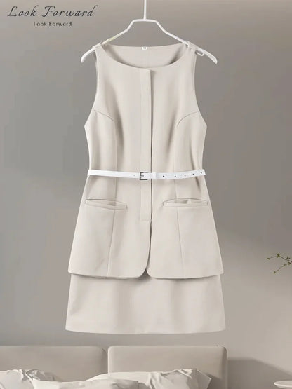 Casual Mini Dress Women Belt Slim Spring Summer O-neck Sleeveless Top Above Knee Skirt Sets Woman Vintage Fake Two Pieces Lady