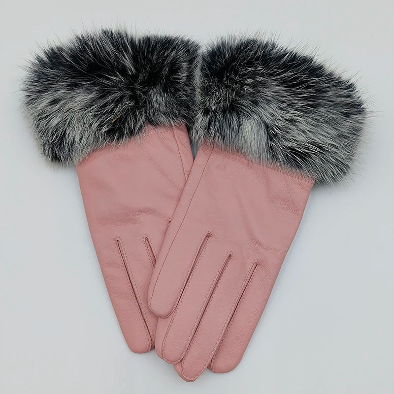 2025 Women Winter Warm Genuine Sheep Leather Glove With Real Fur Trimming Female Warm Real Leather Fur High Quality Mittens