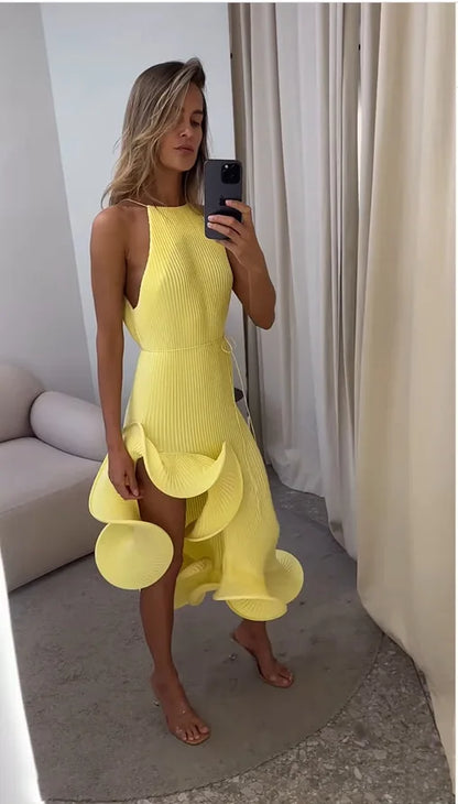 Fashion Ruffle Hem Short Dress For Women Halter Sleeveless Irregular Lace Up Slip Robe 2025 Summer Elegant Female Beach Dresses