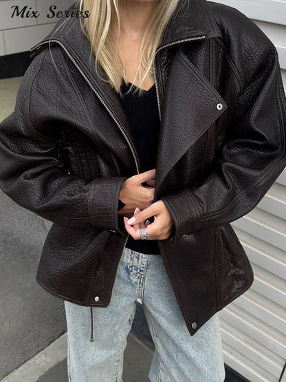 Fashion Stand Collar Solid Coat Women's Loose Long Sleeve Hidden Drawstring Zipper Jacket 2025 Autumn New Lady Casual Streetwear