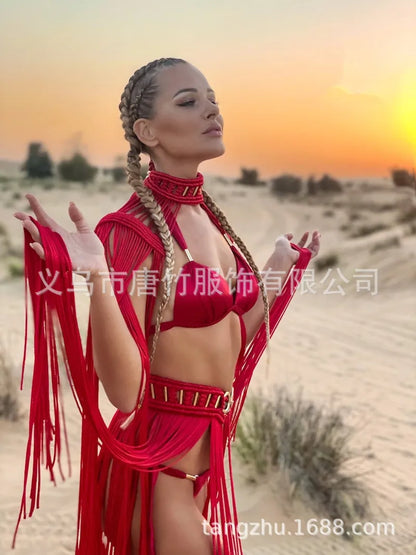 Hand Crochet Knitted Women Bikini Cover Ups 2023 Summer Holiday Tassel Beach Bathing Suit Sexy Hollow Out Skirts Matching Set