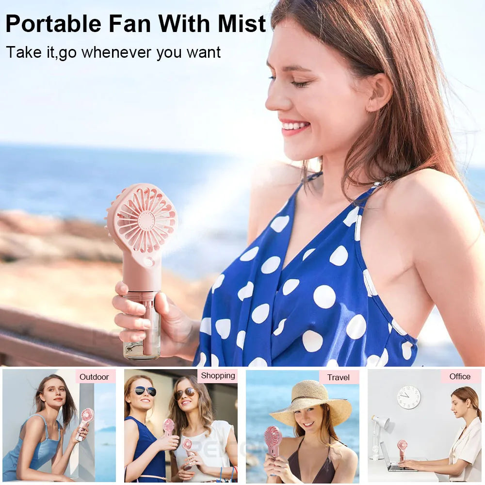 Portable Water Mist Fan Mini Handheld Spray Fan USB Rechargeable Humidifier Fan 4 Speeds Powerful Wind Outdoor Personal Hand Fan