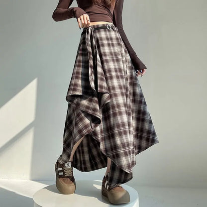 Long Skirts Women Woolen Skirt 2025 Goth Lolita Autumn Winter High Waist Ruffles Asymmetrical Plaid Skirt Maxi With Belt