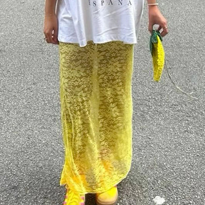 hirigin Women Fairy Lace Maxi Skirt Y2K Vintage Sheer Mesh Lace Floral Bodycon Long Skirt Sexy See-Through Half Slip Skirts