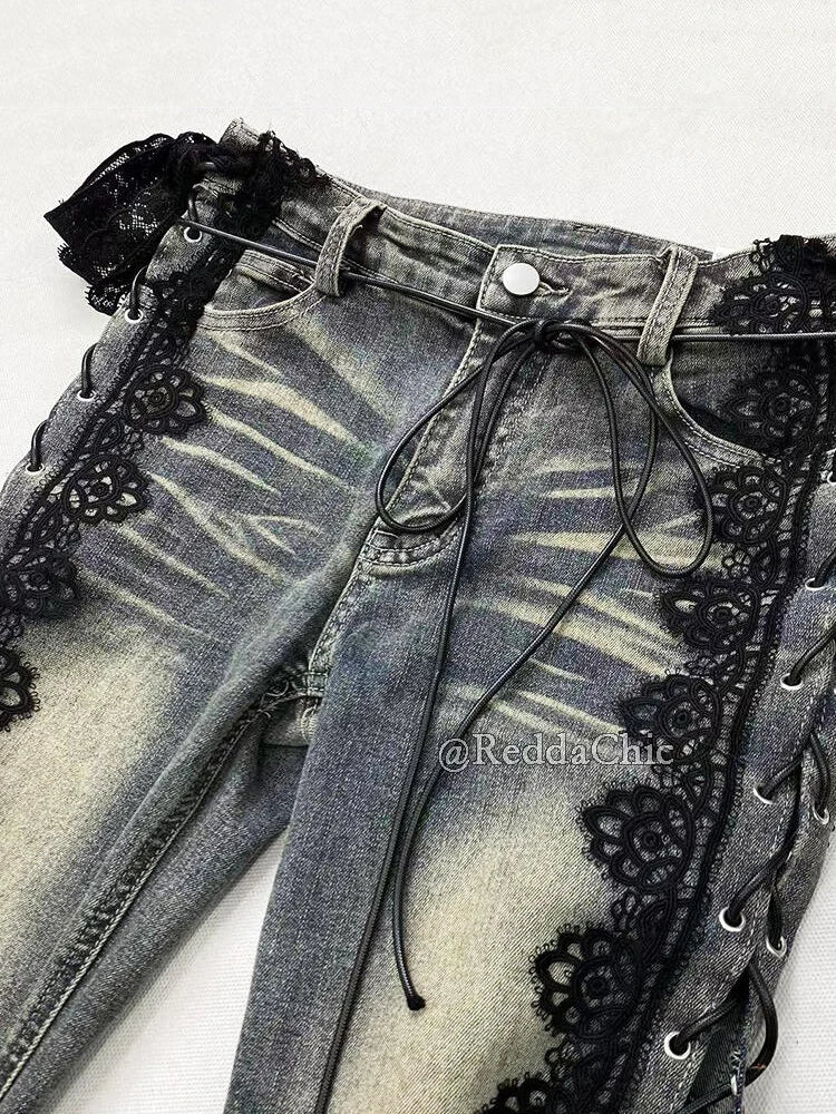 REDDACHiC Y2k Low Waist Strappy Jeans Bell Bottoms Retro Stitch Lace Hollow Eyelets Split Stretch Bootcut Pants Women Streetwear