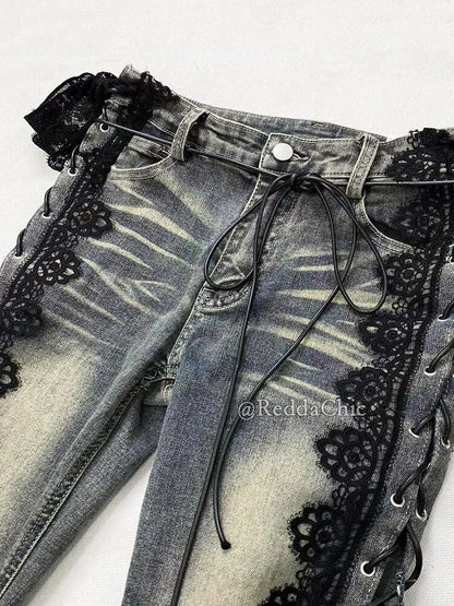 REDDACHiC Y2k Low Waist Strappy Jeans Bell Bottoms Retro Stitch Lace Hollow Eyelets Split Stretch Bootcut Pants Women Streetwear