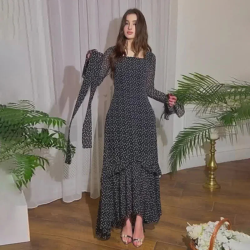 Women's Dress Elegant Fresh Sweet Polka Dot Print Asymmetrical Layered Long Sleeve Tie Details High Waist Slim Maxi Dress