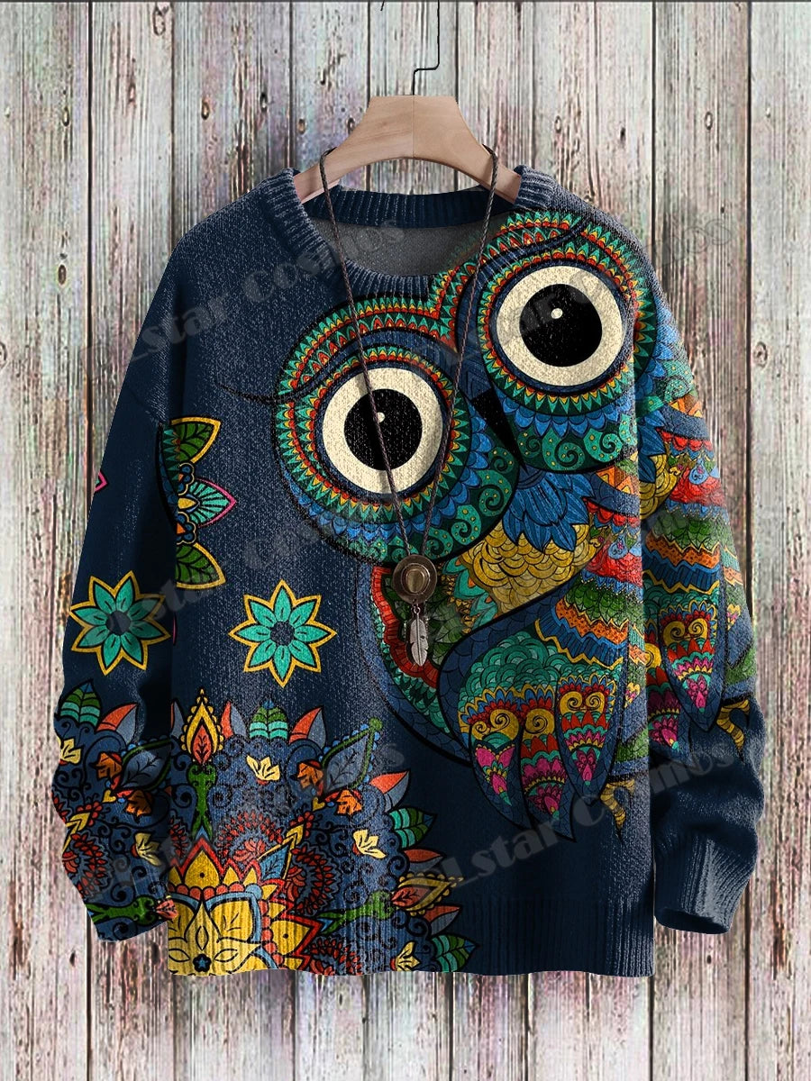 Vintage Frog Fun Art Pattern & Retro Owl Art 3D Printed Men's Knitted Pullover Winter Unisex Casual Knit Pullover Sweater ZZM98