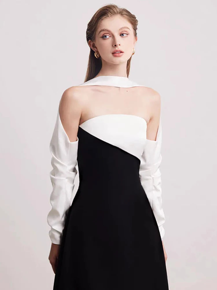 DEAT Elegant Dress Strapless Off Shoulder Contrast Color Asymmetric Women's Party Halter Dress 2026 Spring New Fashion 13DB4516