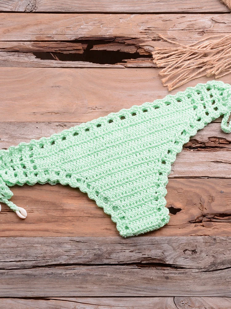 Sexy Crochet Bikinis Sets Handmade Knitted Cotton Swimwear Swimsuit Top + Bottom Bandage Women Sexy Beachwear Biquinis
