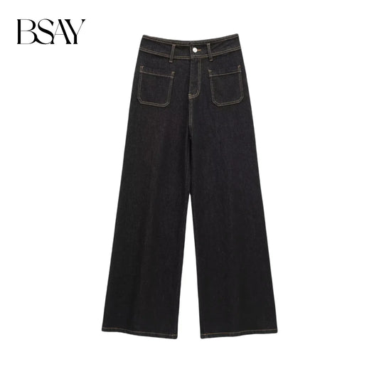 BSAY Jeans for Women Fashion Autumn Winter New Solid Color Pocket Loose Retro High Waist Wide Leg Pants Chic Female Trousers