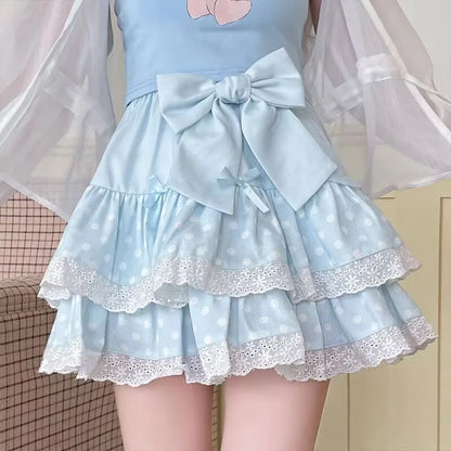 Vintage Harajuku Lolita Style Mini Skirt Women Kawaii Polka Dot Bow Lace Cake Pink Skirt Gothic Cute Sweet Schoolgirl Y2k Skirts