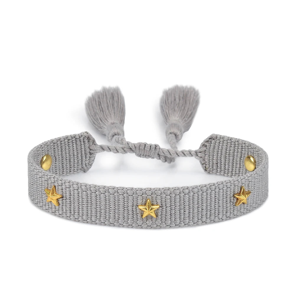 Rhinestone Embroidery Woven Bracelets Adjustable Rope Stackable Bangle For Women