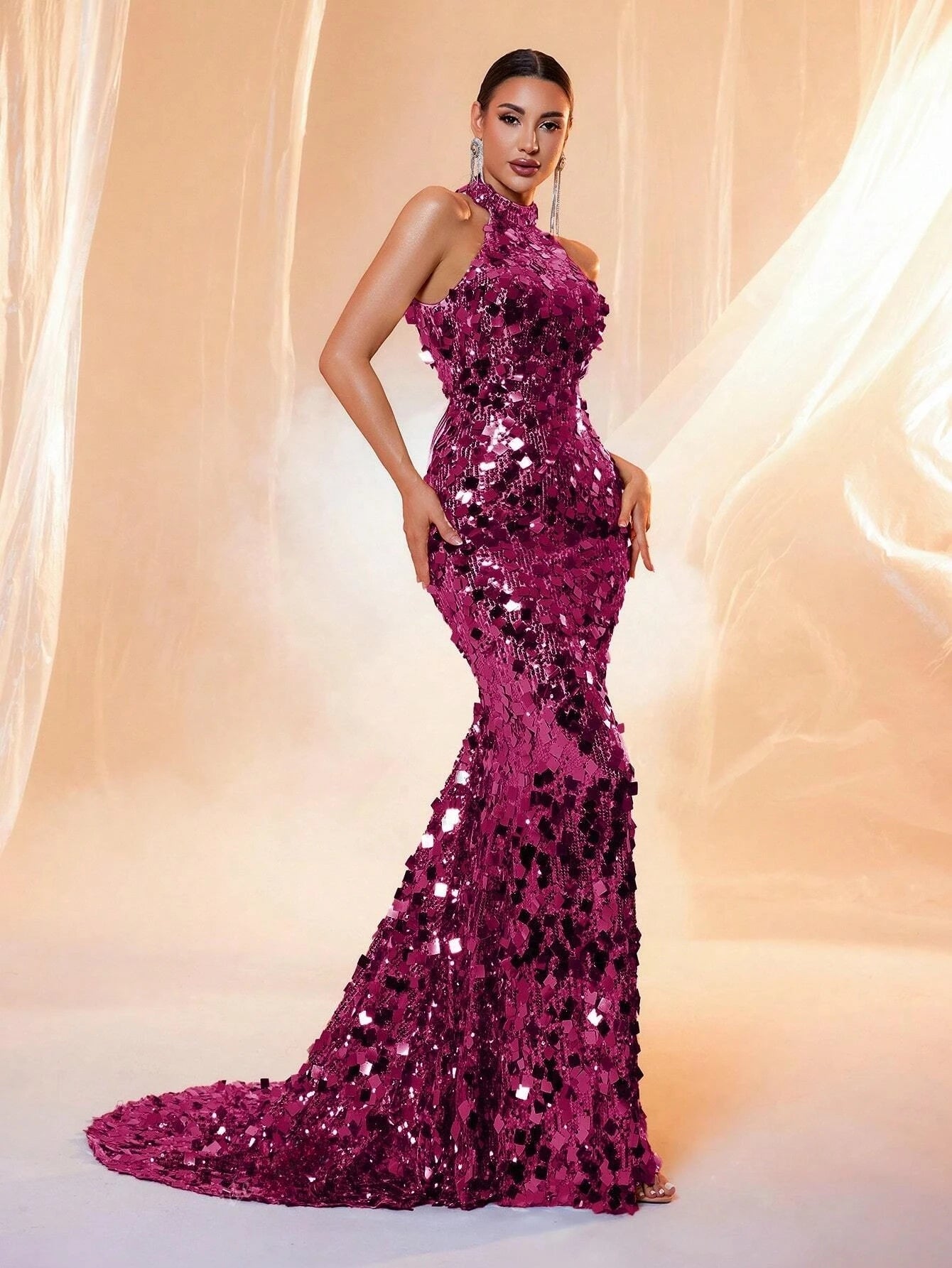 LOVE&LEMONADE Backless Sequins Halter Neck Evening Elegant Formal Prom Gown Wedding Guest Dinner Maxi Dress for Women LM86444