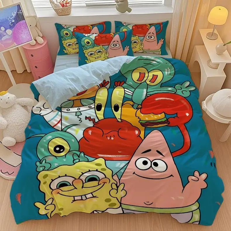 New Anime SpongeBobs Bedding Set Duvet Cover Bed Set Quilt Cover Pillowcase Comforter king Queen Size Boys Adult Bedding Set