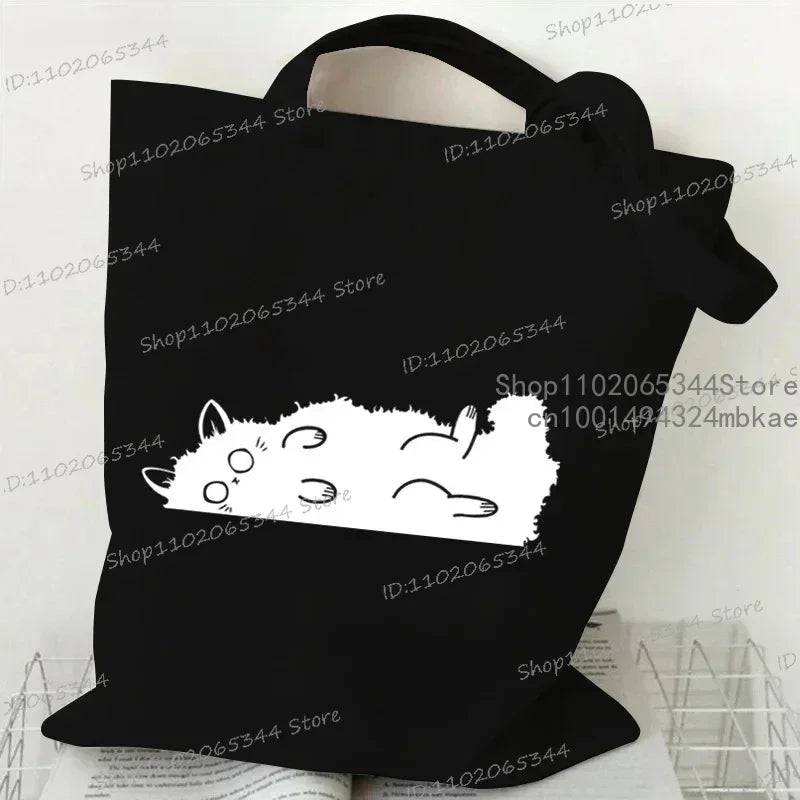 Kawaii Black Cat Graphic Handbags for Women Japanese Style Canvas Tote Bag Cartoon Fashion Shoulder Bag for Women Kitten Bag