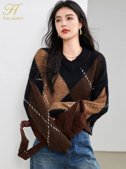 H Han Queen Winter Warm Thickened Lazy Diamond Plaid Loose Elastic Knit O-Neck Knitted Bottoming Women's Pullover Sweaters