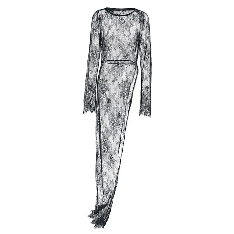 Casual Pullover Lace Dress Long Pullover Dress Non Stretch Fabric Dress Perspective O-Neck Dress Regular Length Dress