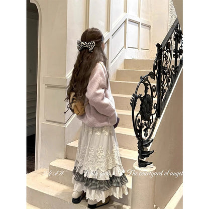 MEXZT Vintage Midi Skirt Women Kawaii Lace Plaid Patchwork Skirts Winter Harajuku Korean Ruffles High Waist Casual A Line Faldas