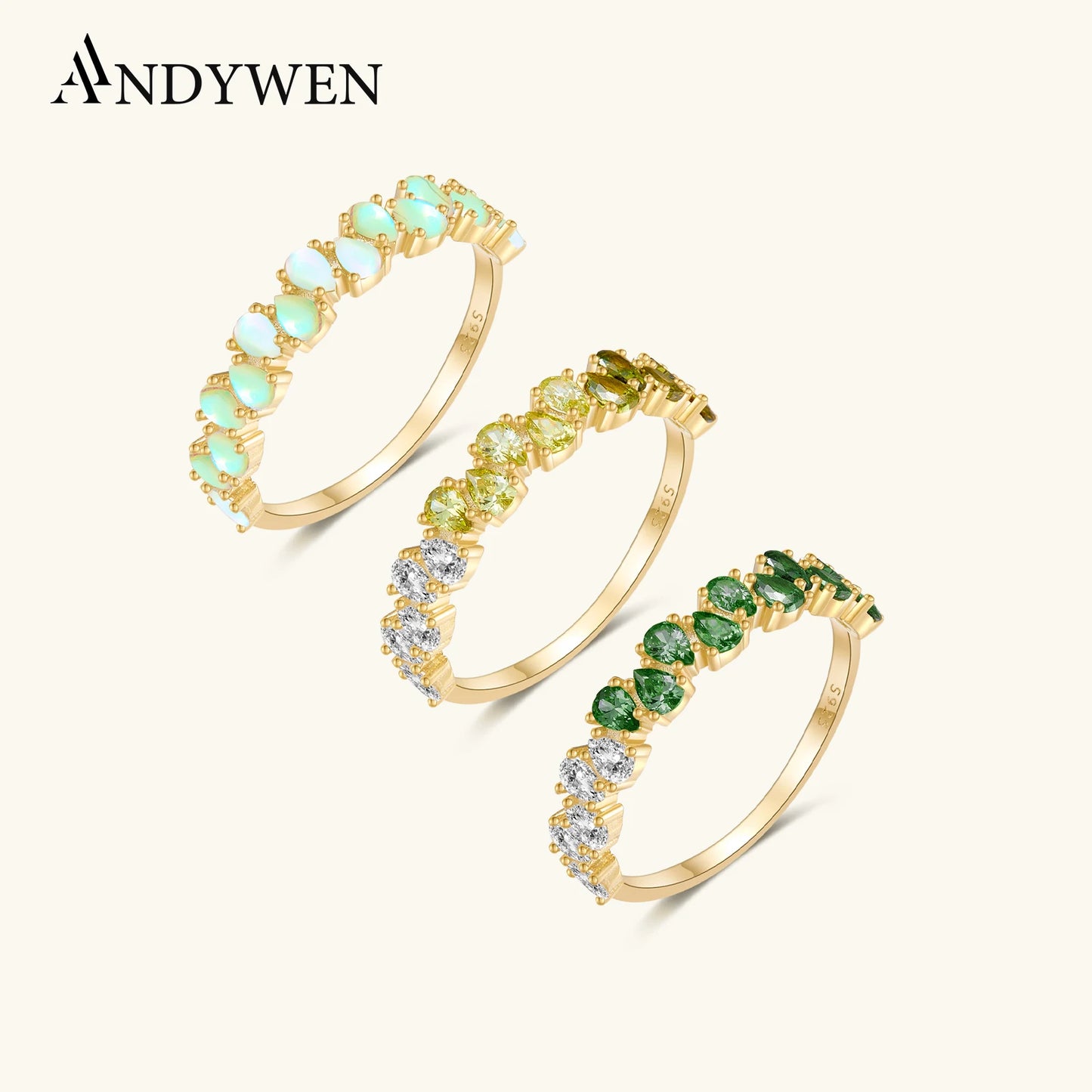ANDYWEN New 925 Sterling Silver Pear Green Olive CZ Zircon Colorful Ring Women Luxury Fine Jewelry 2024 Spring Fine Jewelry
