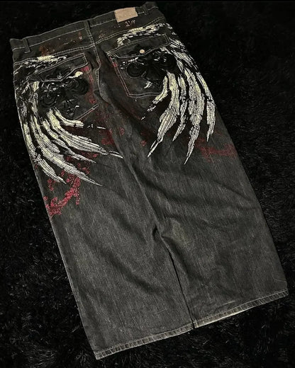 Y2K Baggy Jeans Women Cartoon Characters Embroidered Light Blue Washed Denim Jeans Harajuku Goth Skateboard Pants Street Clothes