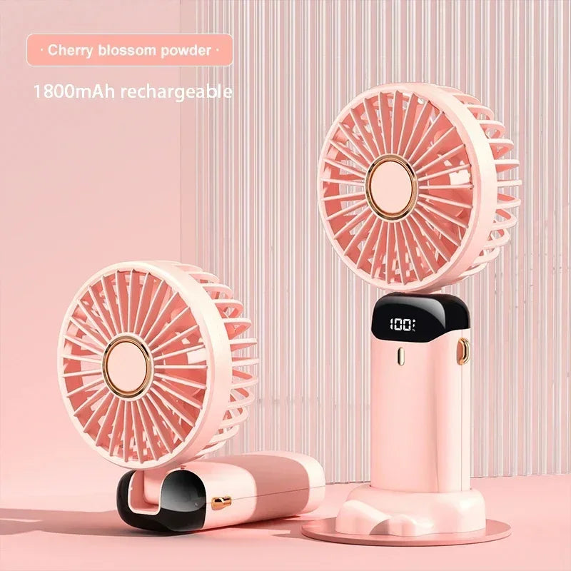 New Portable Handheld Fan with Digital Display, 5-Speed USB Rechargeable Mini Fan, Ultra Quiet Personal Fan with Lanyard & Bas