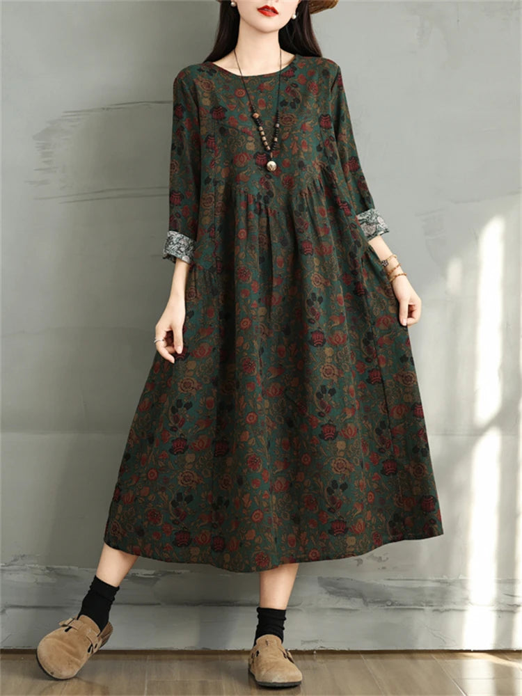 Cotton Vintage Print Floral Dresses 2025 Women Spring Autumn Casual Loose Long Sleeve Dress Femme Robe Vestidos Elegant Clothing