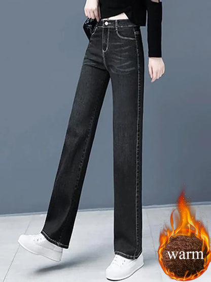Women Vintage Thicken Loose Straight Jeans Korean Fashion High Waist Velvet Lined Denim Pants Winter Warm Snow Wear Vaqueros New