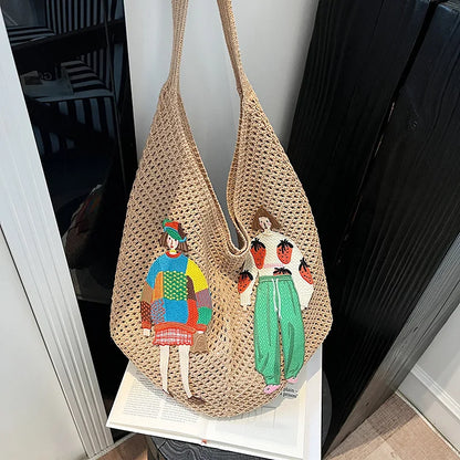 Hollow Mesh Knitted Shoulder Bag Beach Vacation Slouchy Chic Cartoon Tote Bag Lightweight Laid-Back Casual Woven Women Handbag