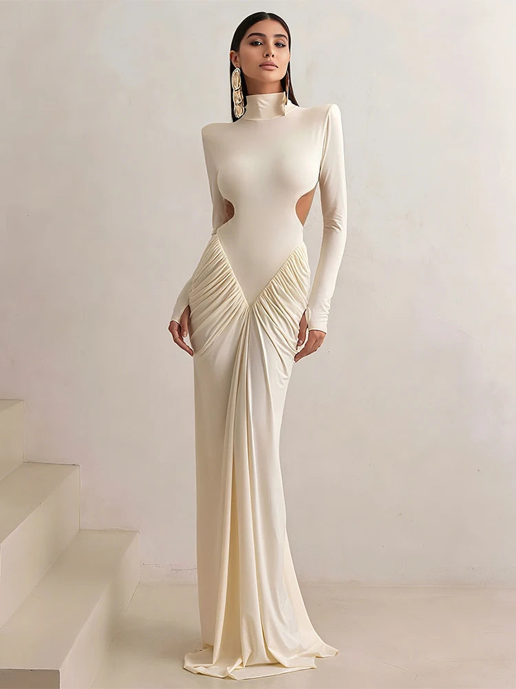 Weird Puss Backless Maxi Dress Women Long Sleeve Shoulder Pads Waistless Peach Buttocks Ruched Elegant Banquet Skinny Vestidos