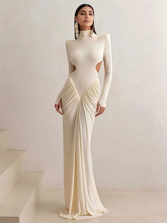 Weird Puss Backless Maxi Dress Women Long Sleeve Shoulder Pads Waistless Peach Buttocks Ruched Elegant Banquet Skinny Vestidos